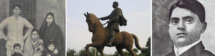 Three images showing Bagha Jatin with family, A stone sculpture of Bagha Jatin and A portrait Of Baghajatin